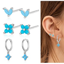 Seleneva 3 Pairs 925 Sterling Silver Stud Hoop Earrings Set for Women Girls Suitable Daily Use Earrings Stacks Dainty Small Stud Hoop Earrings Sets for Multiple Piercings (blue)