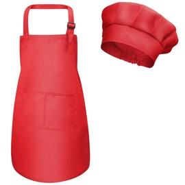 Fodlon Children's Apron and Chef Hat, Adjustable Kids Chefs Apron with Pockets for Boys Girls Toddler Kitchen Garden Aprons for Cooking Baking Painting Crafts (M for 3-6 Years) (Red), red