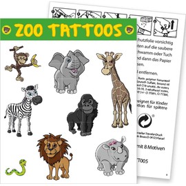 DH-Konzept: 8 Tattoos Zoo & Zootiere for Children's Birthday Parties and Theme Parties Children's Tattoos Animals Party Set