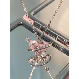 Rhinestone Decor Pendant Necklace As Perfect Gift for Girlfriend, Fashion Heart Shaped Artificial Crystal Alloy Jewelry, Daily Clothing Deco - Color: Silver, Size: one-size