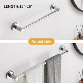 BESy Adjustable 15 to 26 Inch Single Bath Towel Bar Rack for Bathroom Accessories SUS304 Stainless Steel Towel Holder, Wall Mount with Screws Hand Towel Bar Rod Hotel Style, Polished Chrome
