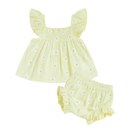 Dubute Infant Baby Girl Summer Clothes Smocked Floral Sleeveless Tank Top Ruffle Bloomer Shorts 2 Piece Outfit Set (Yellow-floral, 3-6 Months)