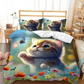 AILONEN Cute Cat Duvet Cover Set for Girls,3 Pieces Twin Kids Bedding Kawaii Comforter Cover Set,Spring Floral Cat and Butterfly Comforter Cover Set, 1 Quilt Cover and 2 Pillowcases