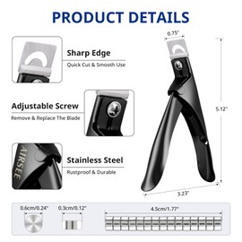 AIRSEE Professional Acrylic Nail Clipper with 15PCS Magnets Fake False Nails Tip Cutter Nail Trimmer for Artificial Nail Manicure Nail Art Tool Home DIY Use Black