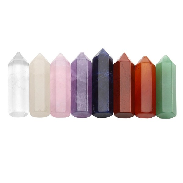 Jovivi 8pcs 35mm Chakra Crystals Quartz Healing Wands Kit Reiki Tumbled 6 Facet Single Point Stones Bohemian Meditation Set