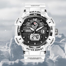 FANMIS Mens Analog Digital Sports Watch Large Face Outdoor Sports Waterproof Military Wrist Watches with Date Multifunction Tactics LED Army Watch Backlight Stopwatch (Black) (White)