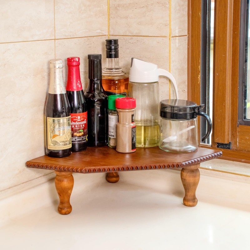 Wood Corner Counter Shelf Framehouse Decorative Tray Stand for Kitchen