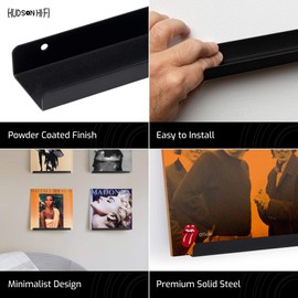 Hudson Hi-Fi Wall Mount Vinyl Record Display Shelf - Display Your Favorite LP Records in Style - Black Satin Finished Steel - One Pack 1 Pack,Display Stand