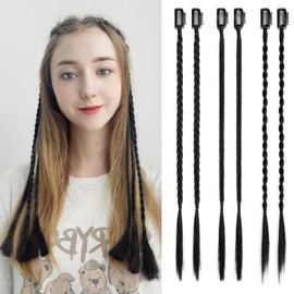 REECHO 6PCS Clip in Braid Hair Extensions for Women 14 Inch Clip in Braids Synthetic Braided Hairpieces for Daily Costume Party, Natural Black