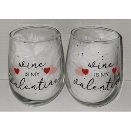 Generic 2 Piece Stemless Wine Glass Set (Wine is my Valentine), Medium, Clear/Black/Red/Pink