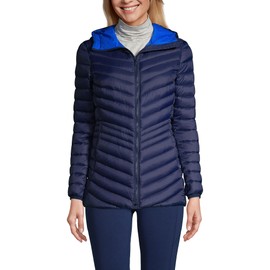 Lands' End Womens Packable Chevron Hooded Long Wanderweight Down Jacket Deep Sea Navy Regular Small
