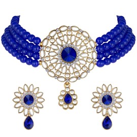 Aheli Kundan Pearl Choker Multi Layered Collar Aretes Set Joyería de boda tradicional india para mujeres niñas (azul)