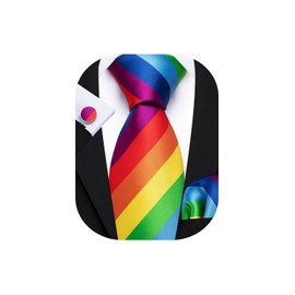 Barry.Wang Men Tie Set Rainbow Silk Necktie Pocket Square Cufflinks Wedding Formal Wedding Party Business