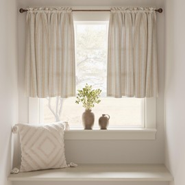 TOPICK Striped Kitchen Curtains for Living Room Bedroom Bathroom Cupboard 36 Inch Drop Linen Blend Short Curtain Tiers Light Filtering Cafe Curtains Rod Pocket Brown on Beige 2 Panels