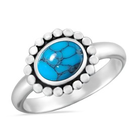 Retro Oval Blue Turquoise Stone Sunflower Ring,Vintage Antique Sterling Silver Natural Genuine Real Crystal Gemstone Statement Ring Jewelry Gift for Women Her (A06_Turquoise Stone, 9)
