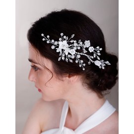 Chargances Wedding Clear Crystal Hair Clip Bridal White Flower Hair Vine Clip Rose Gold Pearl Rhinestone Handmade Headpiece Hair Accessories for Women and Girls (Rose Gold)