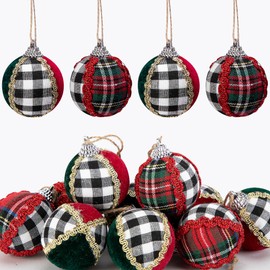 Deloky 12 Pcs Christmas Buffalo Plaid Ball Ornament for Tree- 2" Fabric Wrapped Plaid Hanging Ball Ornaments- Rustic Spliced Tartan Ball Tree Decoration for Xmas Party Home Decor