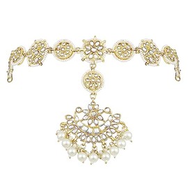 Aheli Gold Plated White Kundan Studded Ethnic Sheeshpatti Maangtikka Dulhan Bridal Stylish Fancy Jewellery Gift for Women White