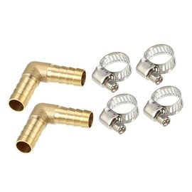 A ABSOPRO 12mm Right Angle Hose Barb Barb Tube Pipe Fitting Brass Hose Fitting Connector with Clamp (Set of 2)
