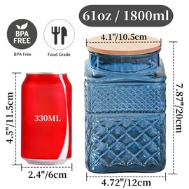 ANSQU Square Glass Canister, 61oz Candy Jar with Lid, Glass Food Storage Containers for Ground Coffee, Tea, Sugar, Decorative Mason Jar Cookie Jars (Blue)