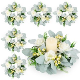 6 Pcs Wedding Candle Rings Lamb Leaf Wreath Mini Artificial Spring Summer White Rose Floral Wreaths for Wedding Party All Seasons Farmhouse Home Table Decoration