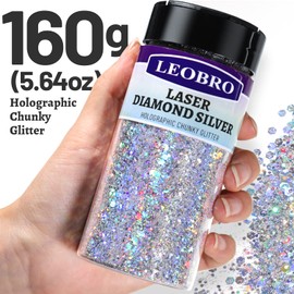Glitter, Holographic Chunky Glitter, 160G/5.64OZ Silver Glitter, LEOBRO Craft Glitter for Resin, Metallic Iridescent Silver Chunky Glitter Sequins Flakes, Makeup Face Body Glitter, Christmas Glitter