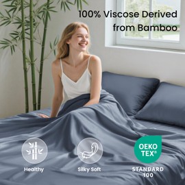 Love's cabin Full Size Sheet Set, Cooling Sheets for Full Size Bed, 100% Viscose Derived from Bamboo, Deep Pocket up to 16", Breathable Soft Bed Sheets & Pillowcases, Bluish Grey