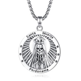 Exltoy Santa Muerte Necklace for Men and Women – S925 Sterling Silver Holy Death Santa Muerte Catholic Pendant Necklace, Grim Reaper Medal Spiritual Jewelry Patron Saint Amulet, with 24" Chain