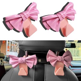 Clwalny 2PCS Purse Hook for Car, Cute Bow Shaped Car Seat Headrest Hook, Leather Bow Seat Back Organizers for Wallet/Coat/Umbrella, Car Interior Decor Accessories(Pink)