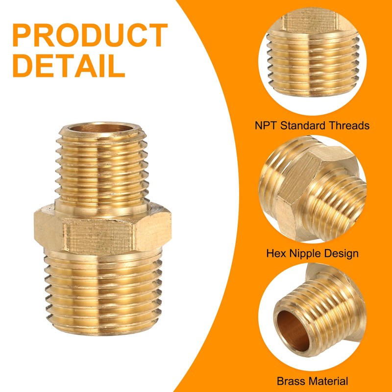 sourcing map 2pcs Hex Nipple Brass Pipe Fitting, 1/4 NPT
