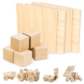 Pack of 10 Carving Wood, Wooden Blocks for Crafts, 100 x 100 x 7 mm Craft Wood Panel Plywood, Balsa Wood for Laser Projects, DIY Model, Carving and Painting Art (4 Wooden Parts + 6 Wooden Blocks)