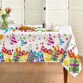 Horaldaily Birthday Tablecloth 60x60 Inch Square, Happy Birthday Ballon White Washable Seasonal Table Cover for Party Picnic Dinner Decor