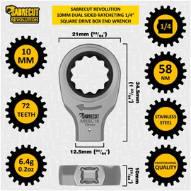 SabreCut 1 x MRSC16 10mm Dual Sided Ratcheting Wrench 1/4" Square Drive 72 Tooth Precision Gear 58Nm High Torque Ratchet Professional Stainless Steel Compact Tool Attachment