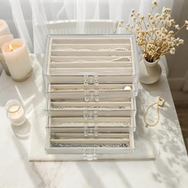 HOUKANWE Necklace Organizer Box 5 Drawers Necklace Holder Organzer with 30 Compartments Velvet Necklaces Display Case with Lid Acrylic Jewelry Organizer for Necklace Pendant Chains (Beige)