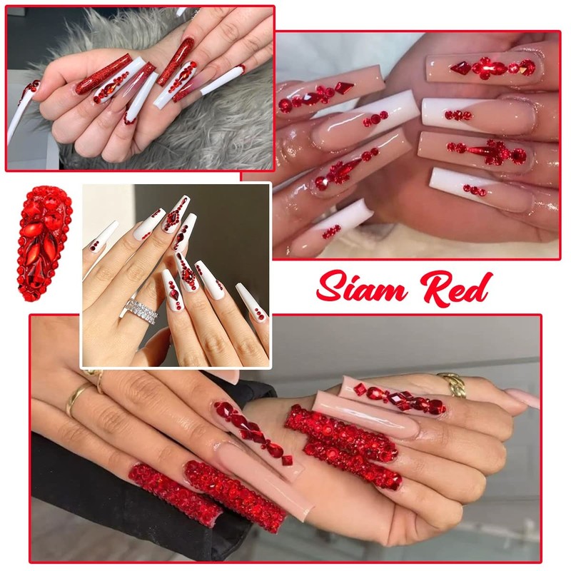 qiipii 2052Pcs Red Nail Rhinestones 72 Multi Shapes Siam Red