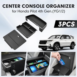 Autorder 3PCS Center Console Organizer for 2023-2026 Honda Pilot Accessories Armrest Storage Box Secondary Insert Tray with Anti-Slip Mats(Console Organizer+Dash Organizer+Hidden Storage Box)