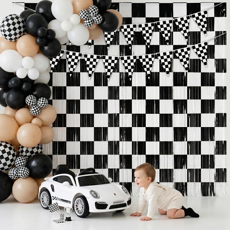 4 Pack Black White Checkered Party Decoration Set, 2 Pack