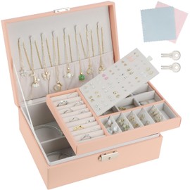 TEIVUL Jewellery Box,2 Layer PU Leather Jewelry Box Organiser with 2 Keys and Cleaning Cloth,Suitable for Rings Earrings Necklaces Bracelets Accessories, Jewellery Box Gifts for Women Girls（Pink）
