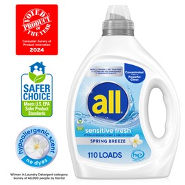 all sensitive fresh™, Spring Breeze, Scented Liquid Laundry Detergent for Sensitive Skin, Hypoallergenic, Free of Dyes, Concentrated, 82.5oz, 110 Loads