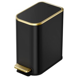 Cesun Small Bathroom Trash Can with Lid Soft Close, 5 Liter/1.3 Gallon Stainless Steel Garbage Can with Removable Inner Bucket, Step Pedal, Slim Waste Basket for Toilet, Office, Bedroom (Black&Gold)
