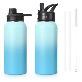 Insulated Water Bottle, 32oz Vacuum Stainless Steel Metal Sports Water Bottles with Stickers, Straw & Spout Lid (2 Lids), Double Walled to Keeps Hot and Cold, Leak Proof, BPA-Free, 32oz (Blue)