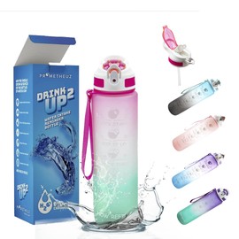 PROMETHEUZ Sports Water Intake Reminder Bottle with Time Marker and Straw, Leakproof Tritan BPA-Free, Fast Flow, Dark Pink Purple Mint, 32 oz