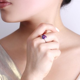 Uloveido Elegant Heart Amethyst Ring 925 Sterling Silver February Birthstone Design Purple Gemstone Jewelry for Women Birthday Engagement Adjustable Half Eternity Rings, Jewelry Box Included