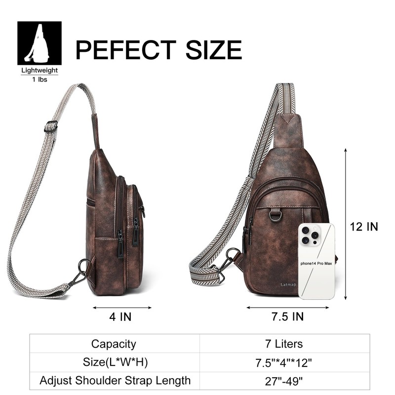 LATMAP 7L Sling Bag for Women Men Leather Small Sling