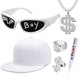 Goenb Solja Boy Hip Hop Costume Kit, Rapper Costume Accessories 80s 90s 2000s Hip Hop Costume Accessories with Glasses Dollar Chain Ring White Cap (White)