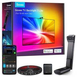 Govee Govee TV Backlight 3 Lite with Fish-Eye Correction Function Sync to 55-65 Inch TVs, 3.6m RGBICW Wi-Fi TV LED Backlight with Camera, 4 Colours in 1 Lamp Bead, Voice and APP Control, Adapter