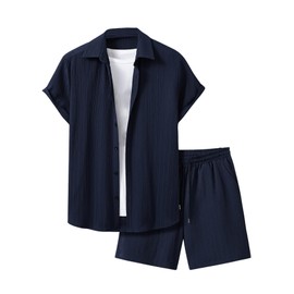 GORGLITTER Men's Vacation Outfits 2 Piece Textured Button Down Shirt Drawstring Shorts Summer Beach Sets Blue Small