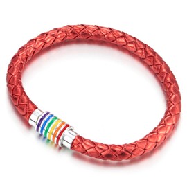 COOLSTEELANDBEYOND Mens Women Red Braided Leather Bracelet with Rainbow Enamel, Bangle Wristband, Magnetic Clasp
