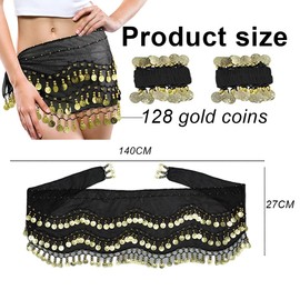 Belly Dance Hip Scarf with Bracelet, 128 Coins Belly Dance Skirt Wrap Belt with Wrist Ankle Bracelets, Dance Skirt Belt Waist Chain for Belly Dance, Zumba or Yoga Class, Performance Costume