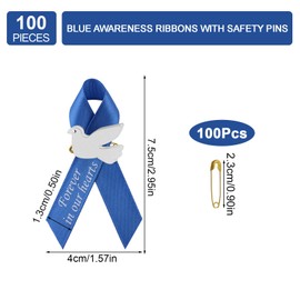 WANDIC 100 PCS Blue Satin Ribbon Pins with Dove, Memorial Ribbon Brooches in Forever in Our Hearts Pins for Funeral Mourning Event Bereavement Remembrance